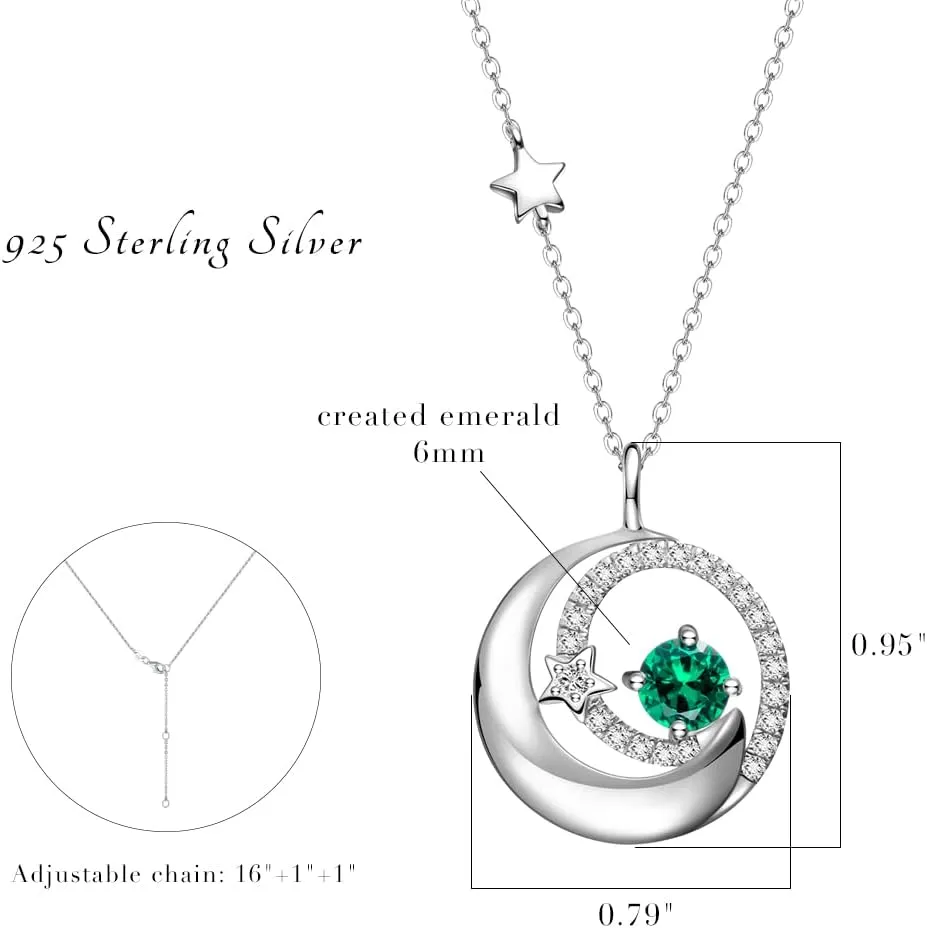 FANCIME Birthstone Necklaces 925 Sterling Silver Moon and Star Pendant Fine Jewelry Birthday Christmas Gifts for Mom Wife Her Daughter, Adjustable Chain 16 2"