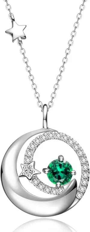 FANCIME Birthstone Necklaces 925 Sterling Silver Moon and Star Pendant Fine Jewelry Birthday Christmas Gifts for Mom Wife Her Daughter, Adjustable Chain 16 2"