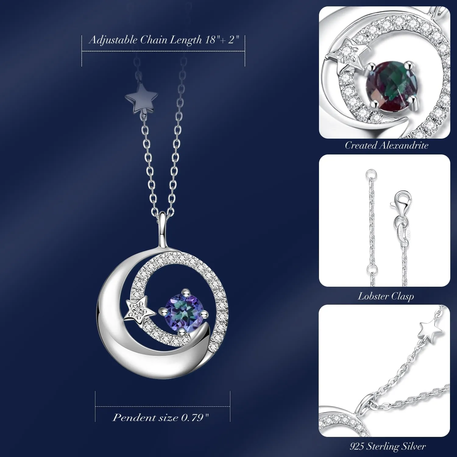 FANCIME Birthstone Necklaces 925 Sterling Silver Moon and Star Pendant Fine Jewelry Birthday Christmas Gifts for Mom Wife Her Daughter, Adjustable Chain 16 2"