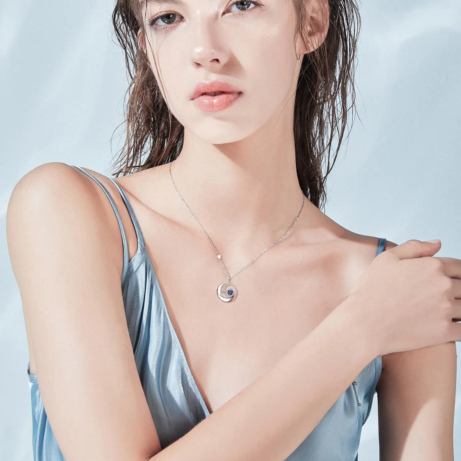 FANCIME Birthstone Necklaces 925 Sterling Silver Moon and Star Pendant Fine Jewelry Birthday Christmas Gifts for Mom Wife Her Daughter, Adjustable Chain 16 2"