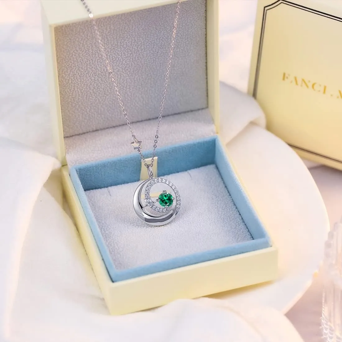 FANCIME Birthstone Necklaces 925 Sterling Silver Moon and Star Pendant Fine Jewelry Birthday Christmas Gifts for Mom Wife Her Daughter, Adjustable Chain 16 2"