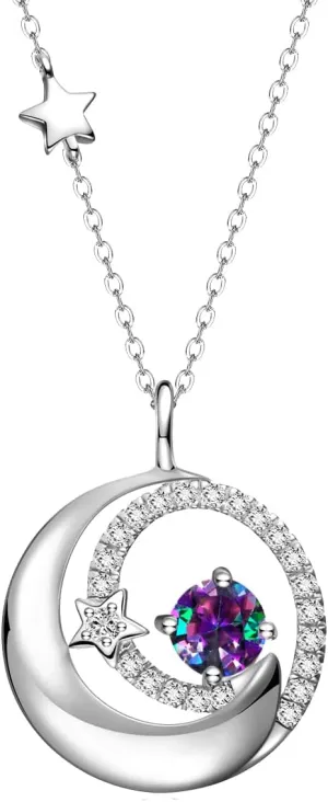 FANCIME Birthstone Necklaces 925 Sterling Silver Moon and Star Pendant Fine Jewelry Birthday Christmas Gifts for Mom Wife Her Daughter, Adjustable Chain 16 2"