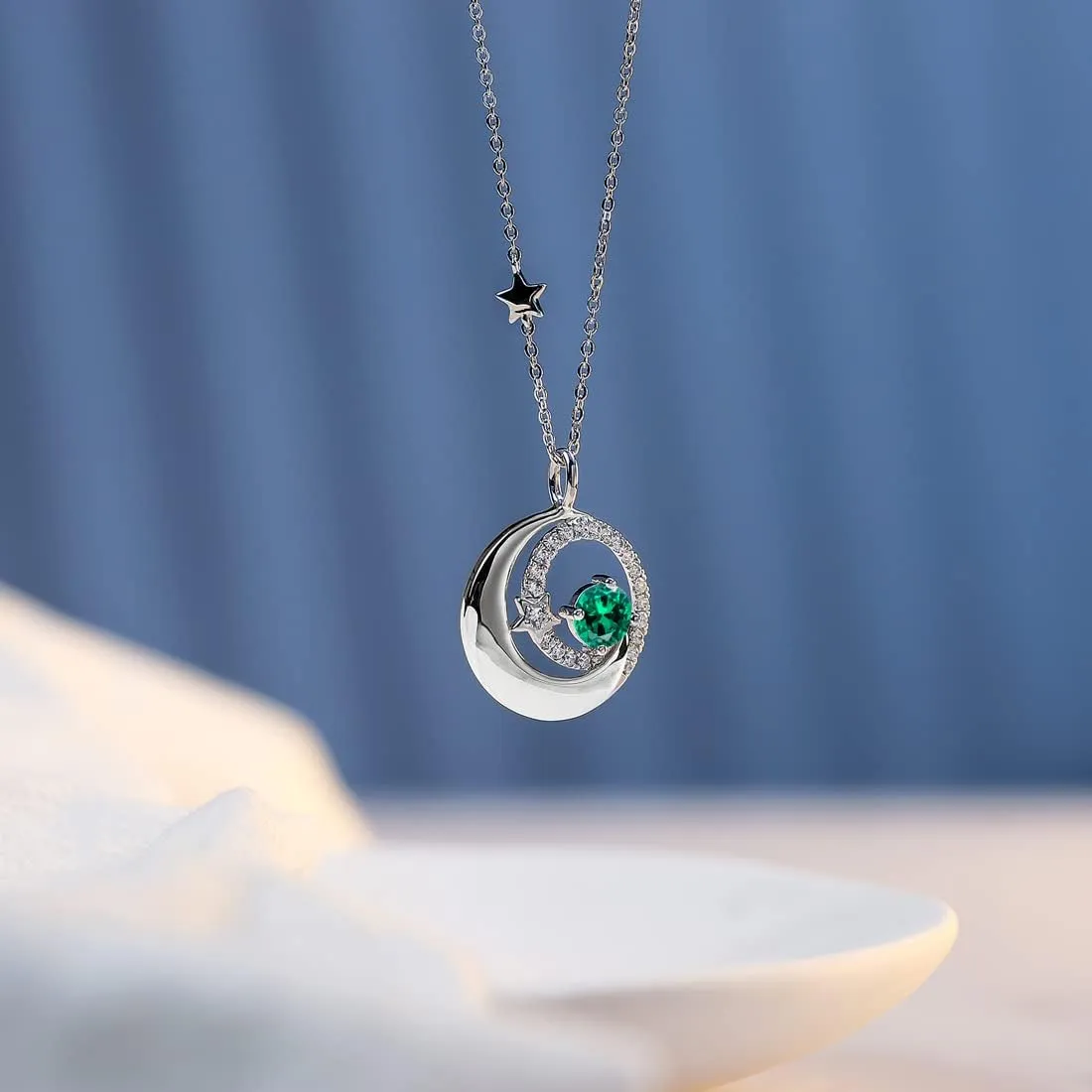 FANCIME Birthstone Necklaces 925 Sterling Silver Moon and Star Pendant Fine Jewelry Birthday Christmas Gifts for Mom Wife Her Daughter, Adjustable Chain 16 2"