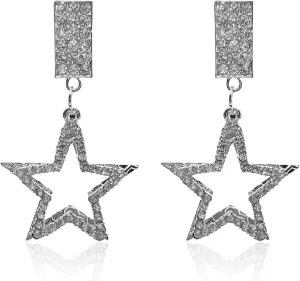 Fashion Delicate Rhinestone Double Five-Pointed Star Dangle Drop Earrings Black Silver Star Cubic Zirconia Earrings For Women Girls Jewelry