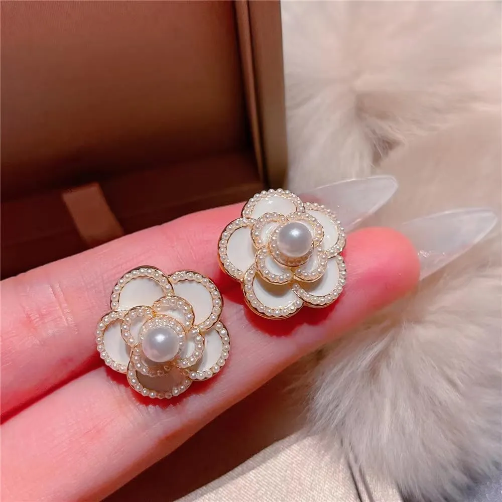 Fashion Faux Pearl Enamel Flower Shape Clip on Earrings Women's Party Wedding Hypoallergenic Cuff Non Pierced Earrings Ear Clip