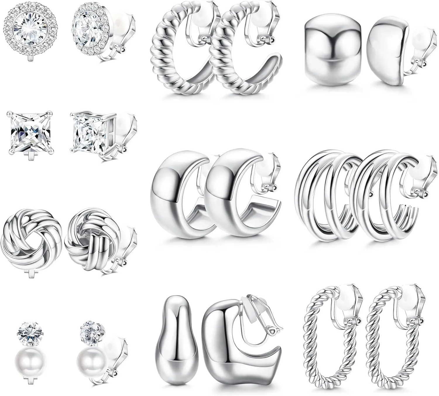 FIBO STEEL 10 Pairs Clip On Earrings for Women Non Pierced Ears CZ Pearl Knot Twist Chunky Hoop and Studs Earring Set Ear Clips Jewelry Gold Silver Tone