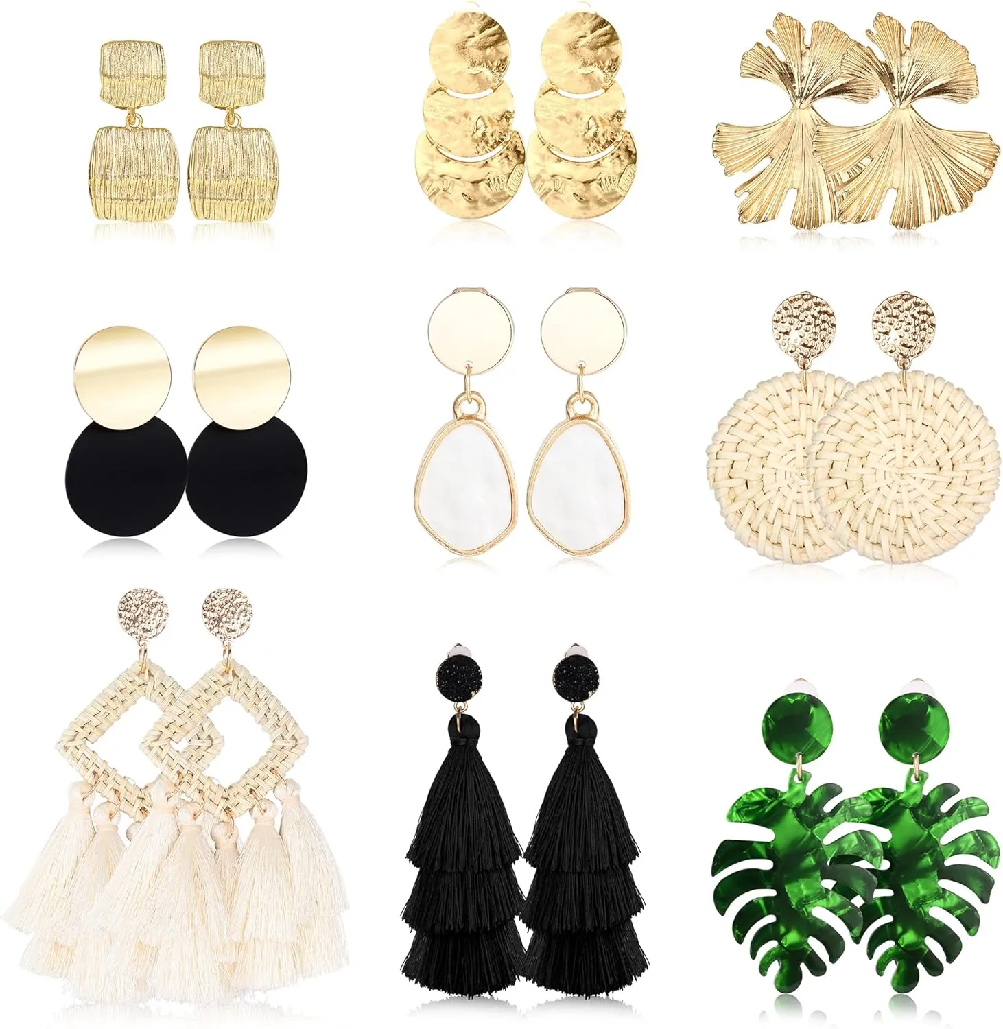 Finrezio 9 Pairs Clip on Drop Earrings for Women Statement Rattan Resin Acrylic Drop Dangle Earrings Lightweight Geometric Rattan Tassel Hoop Drop Dangle Earring Jewelry