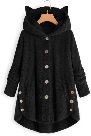 Fleece Jacket Women Pullover Hoodie Fleece Hooded Sweatshirt Cat Ear Pocket Solid Warm Winter Oversized Outwear