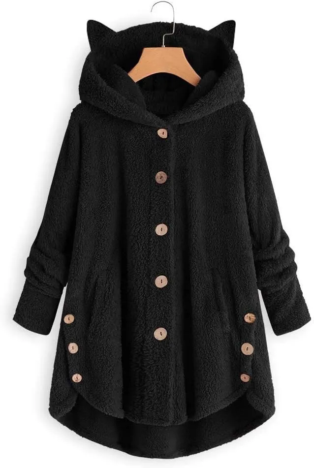 Fleece Jacket Women Pullover Hoodie Fleece Hooded Sweatshirt Cat Ear Pocket Solid Warm Winter Oversized Outwear