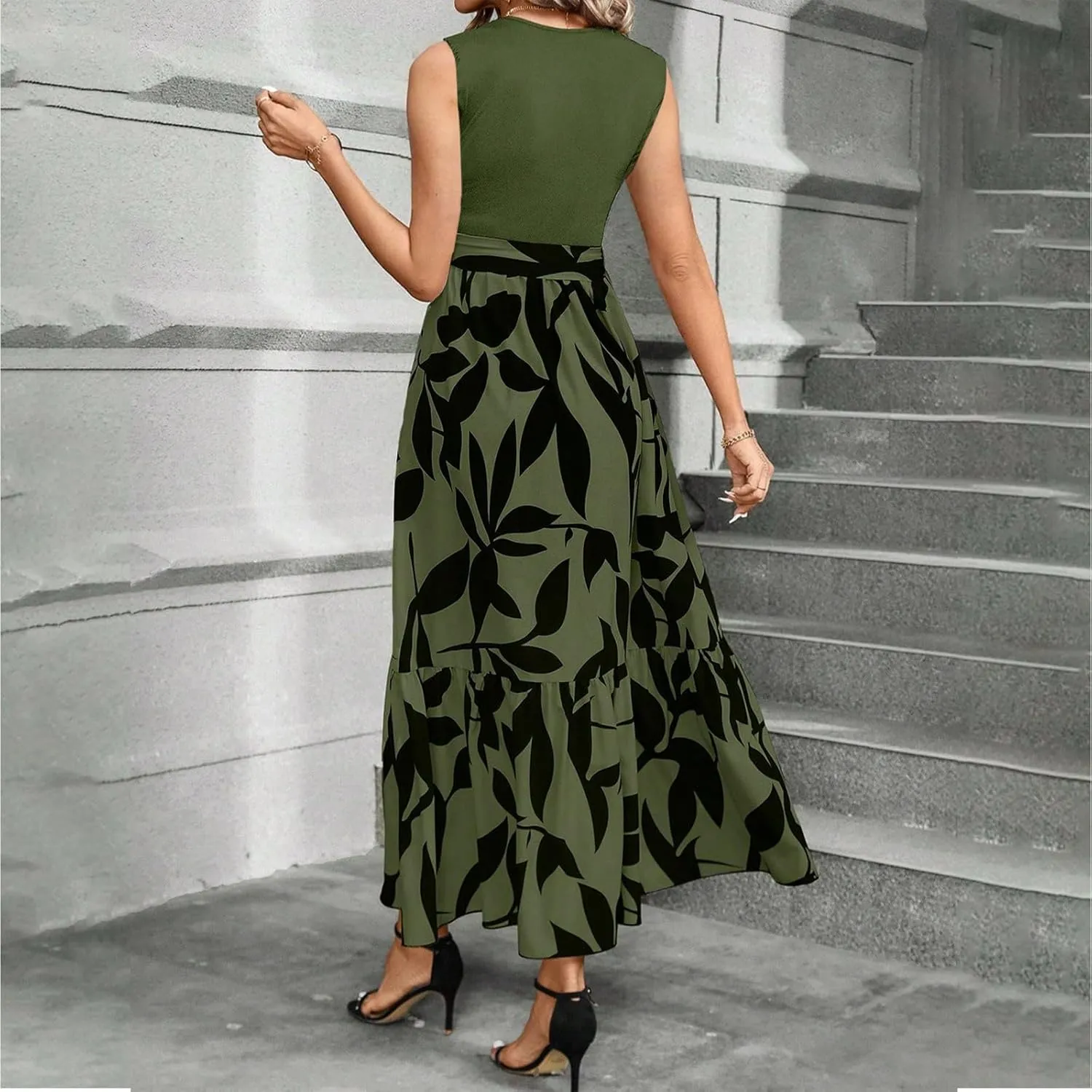 Floral Dress for Women Wedding Guest Summer Sleeveless Swiss Dot Maxi Wrap Dresses Tie Waist Flowy Boho A Line Dress