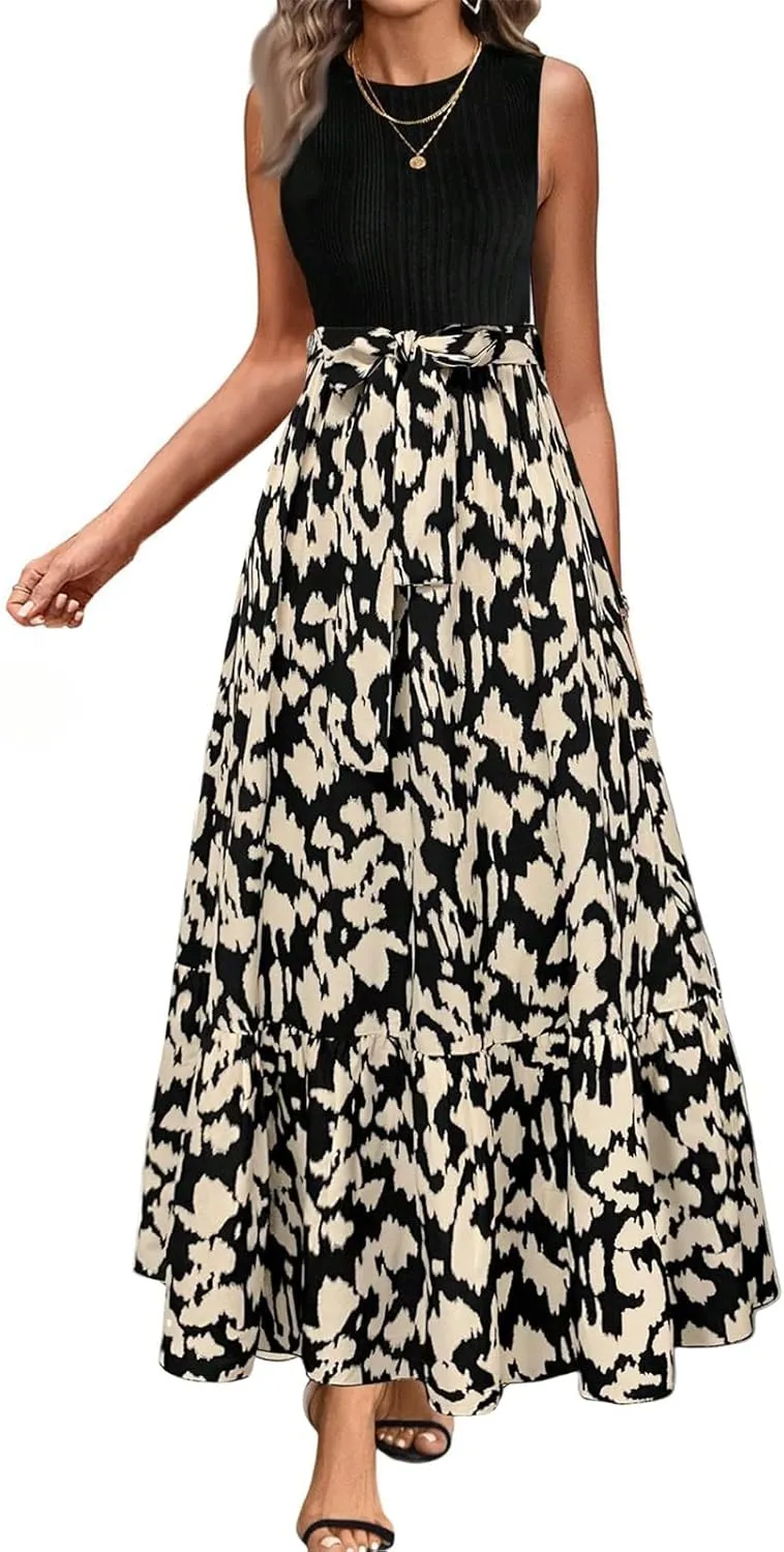 Floral Dress for Women Wedding Guest Summer Sleeveless Swiss Dot Maxi Wrap Dresses Tie Waist Flowy Boho A Line Dress