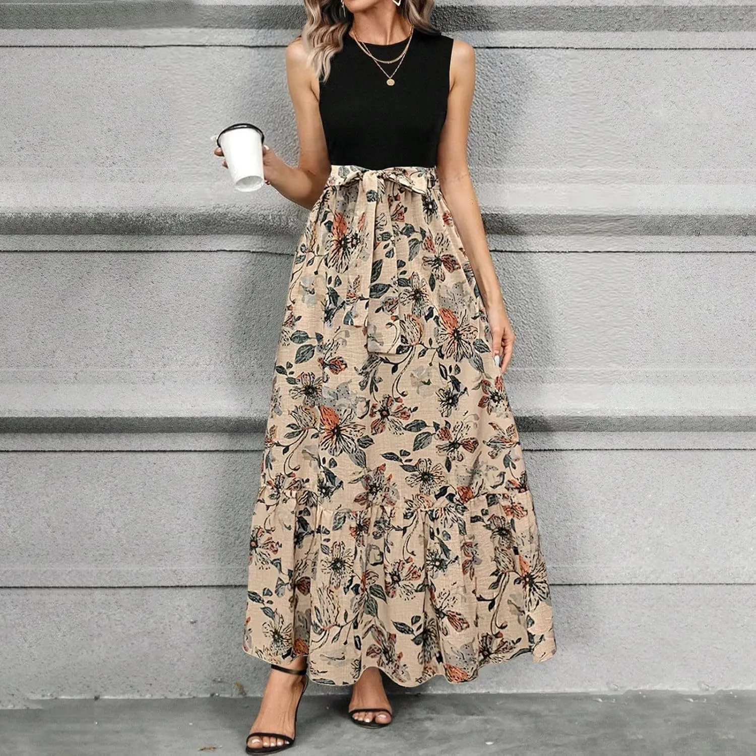 Floral Dress for Women Wedding Guest Summer Sleeveless Swiss Dot Maxi Wrap Dresses Tie Waist Flowy Boho A Line Dress