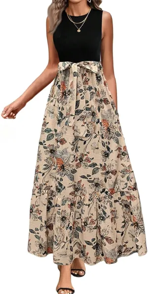 Floral Dress for Women Wedding Guest Summer Sleeveless Swiss Dot Maxi Wrap Dresses Tie Waist Flowy Boho A Line Dress