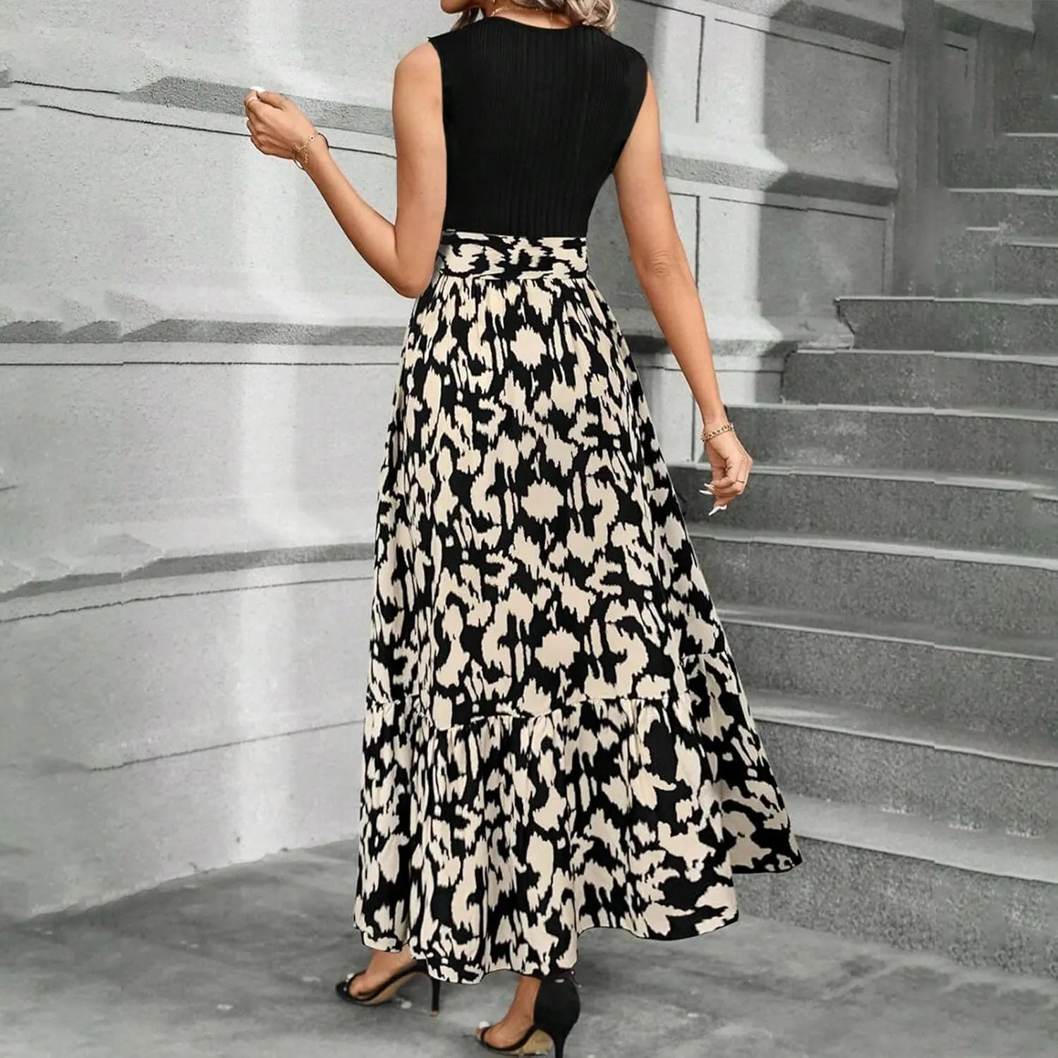 Floral Dress for Women Wedding Guest Summer Sleeveless Swiss Dot Maxi Wrap Dresses Tie Waist Flowy Boho A Line Dress