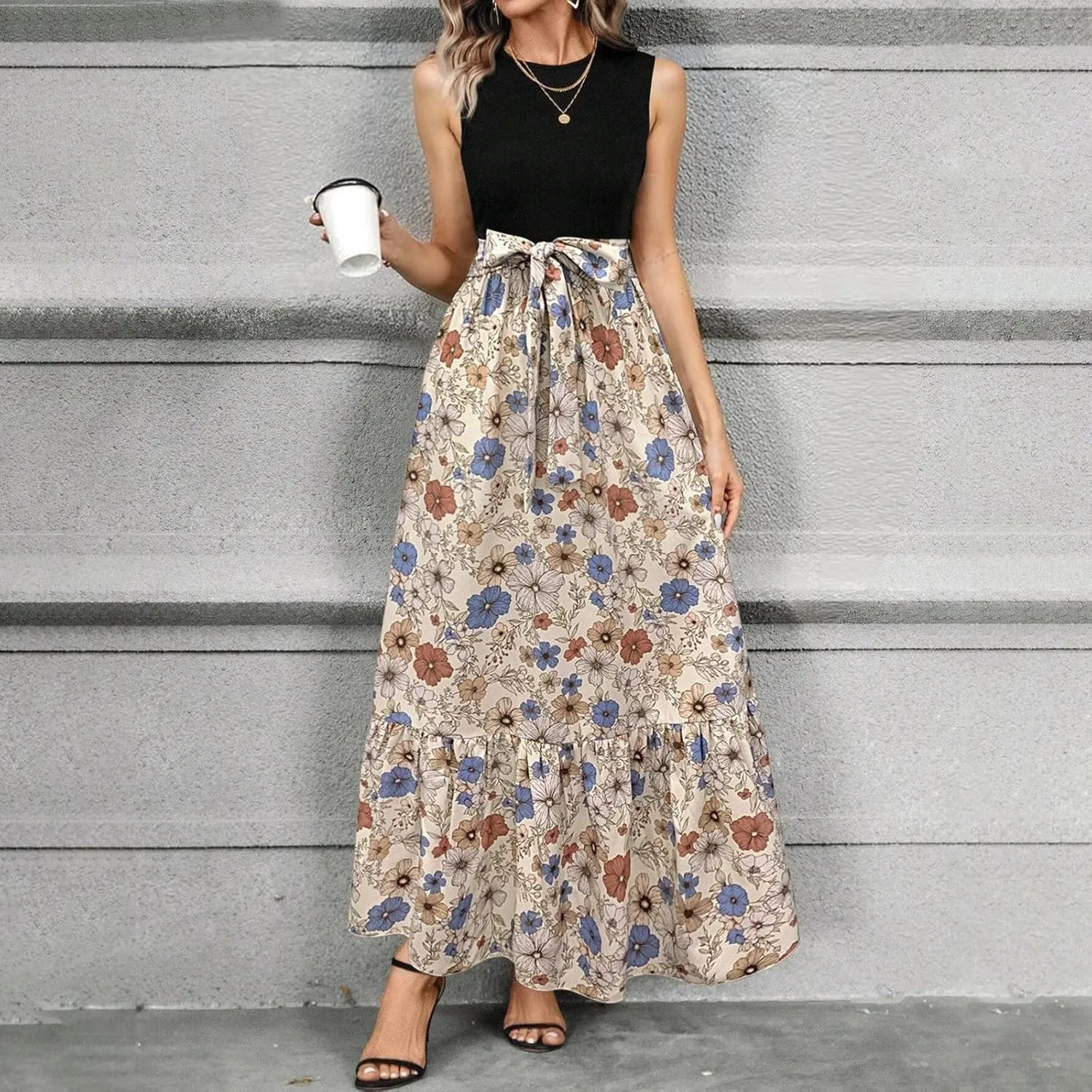 Floral Dress for Women Wedding Guest Summer Sleeveless Swiss Dot Maxi Wrap Dresses Tie Waist Flowy Boho A Line Dress