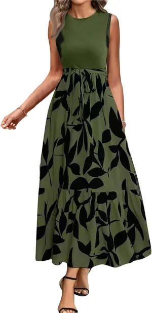 Floral Dress for Women Wedding Guest Summer Sleeveless Swiss Dot Maxi Wrap Dresses Tie Waist Flowy Boho A Line Dress
