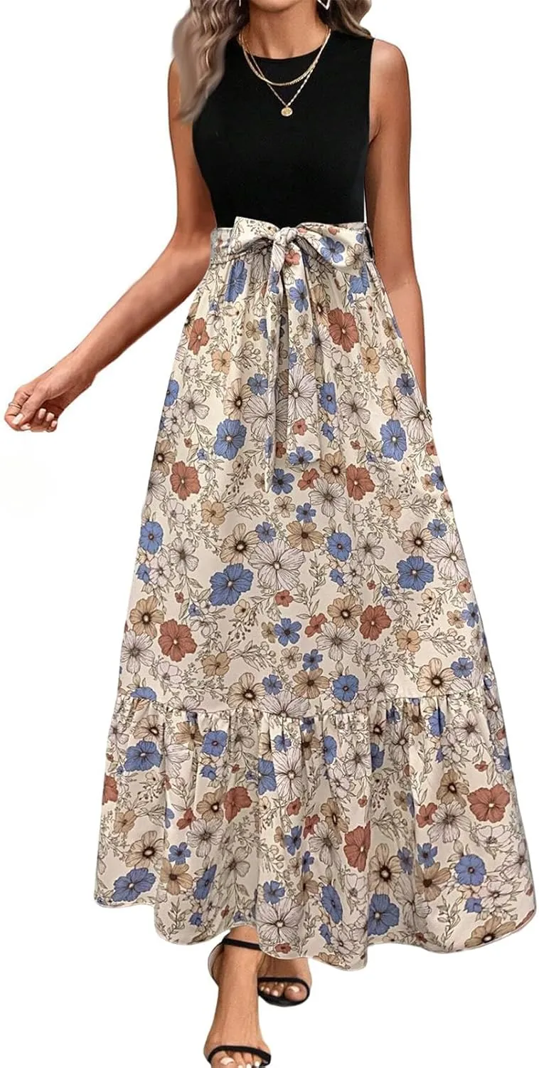 Floral Dress for Women Wedding Guest Summer Sleeveless Swiss Dot Maxi Wrap Dresses Tie Waist Flowy Boho A Line Dress