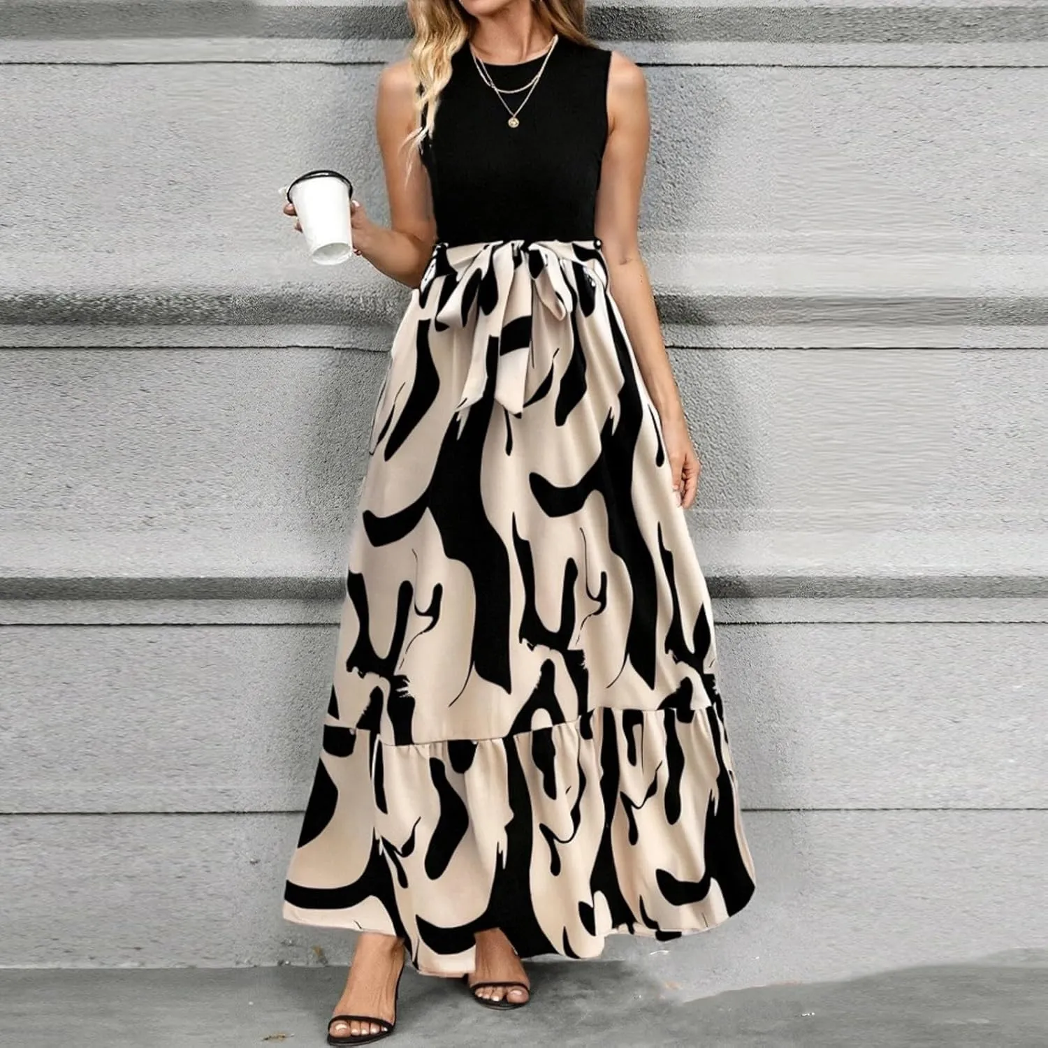 Floral Dress for Women Wedding Guest Summer Sleeveless Swiss Dot Maxi Wrap Dresses Tie Waist Flowy Boho A Line Dress