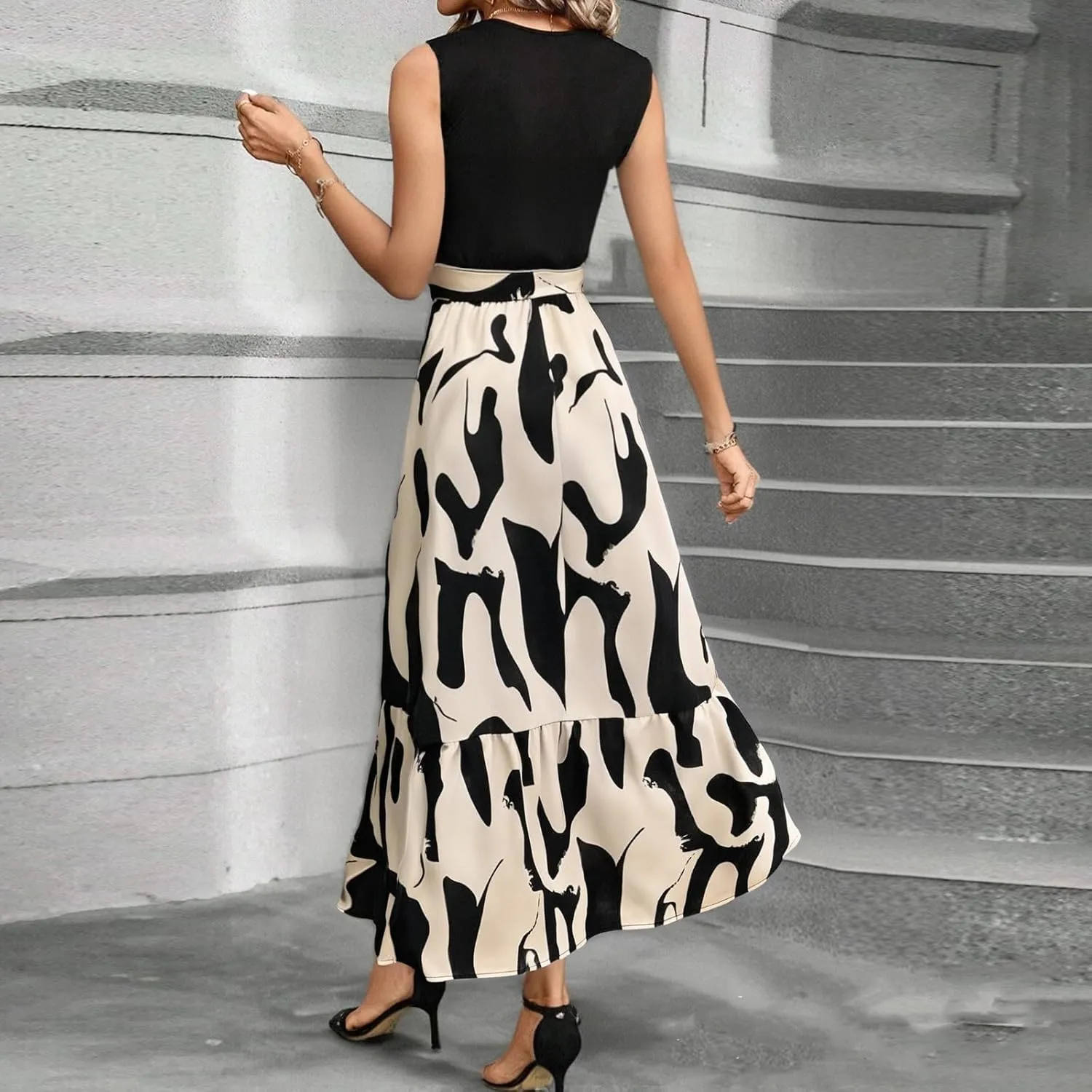Floral Dress for Women Wedding Guest Summer Sleeveless Swiss Dot Maxi Wrap Dresses Tie Waist Flowy Boho A Line Dress