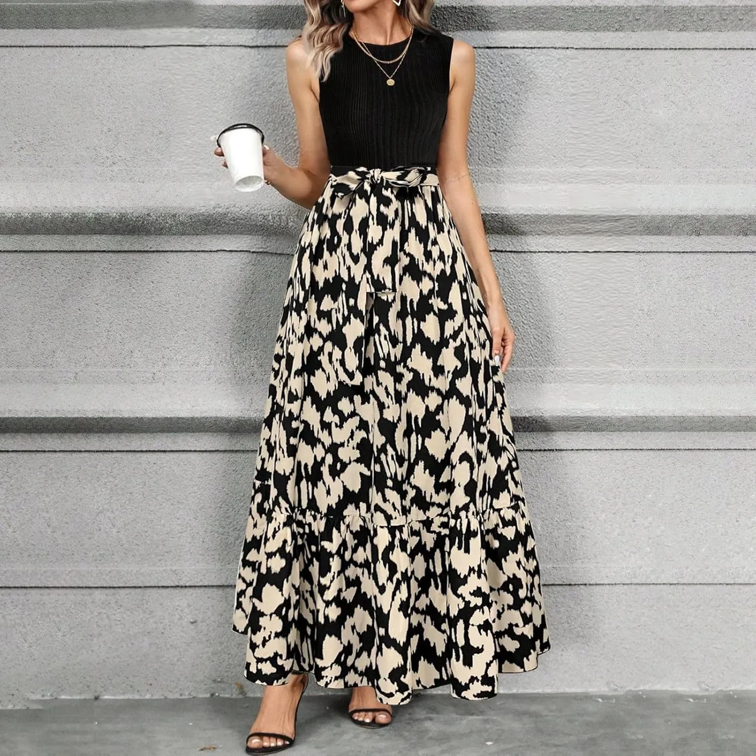 Floral Dress for Women Wedding Guest Summer Sleeveless Swiss Dot Maxi Wrap Dresses Tie Waist Flowy Boho A Line Dress