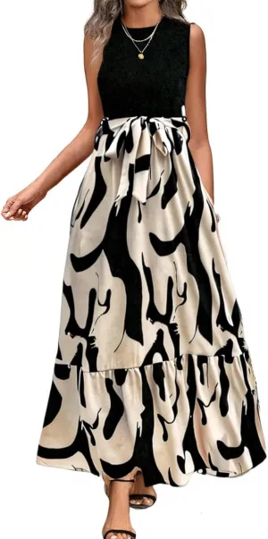 Floral Dress for Women Wedding Guest Summer Sleeveless Swiss Dot Maxi Wrap Dresses Tie Waist Flowy Boho A Line Dress