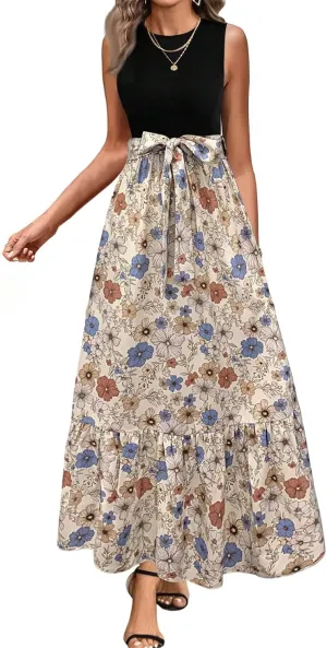 Floral Dress for Women Wedding Guest Summer Sleeveless Swiss Dot Maxi Wrap Dresses Tie Waist Flowy Boho A Line Dress
