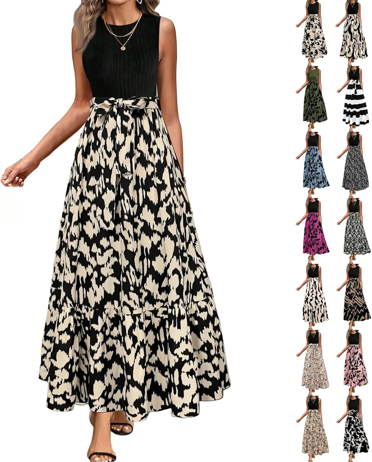 Floral Dress for Women Wedding Guest Summer Sleeveless Swiss Dot Maxi Wrap Dresses Tie Waist Flowy Boho A Line Dress