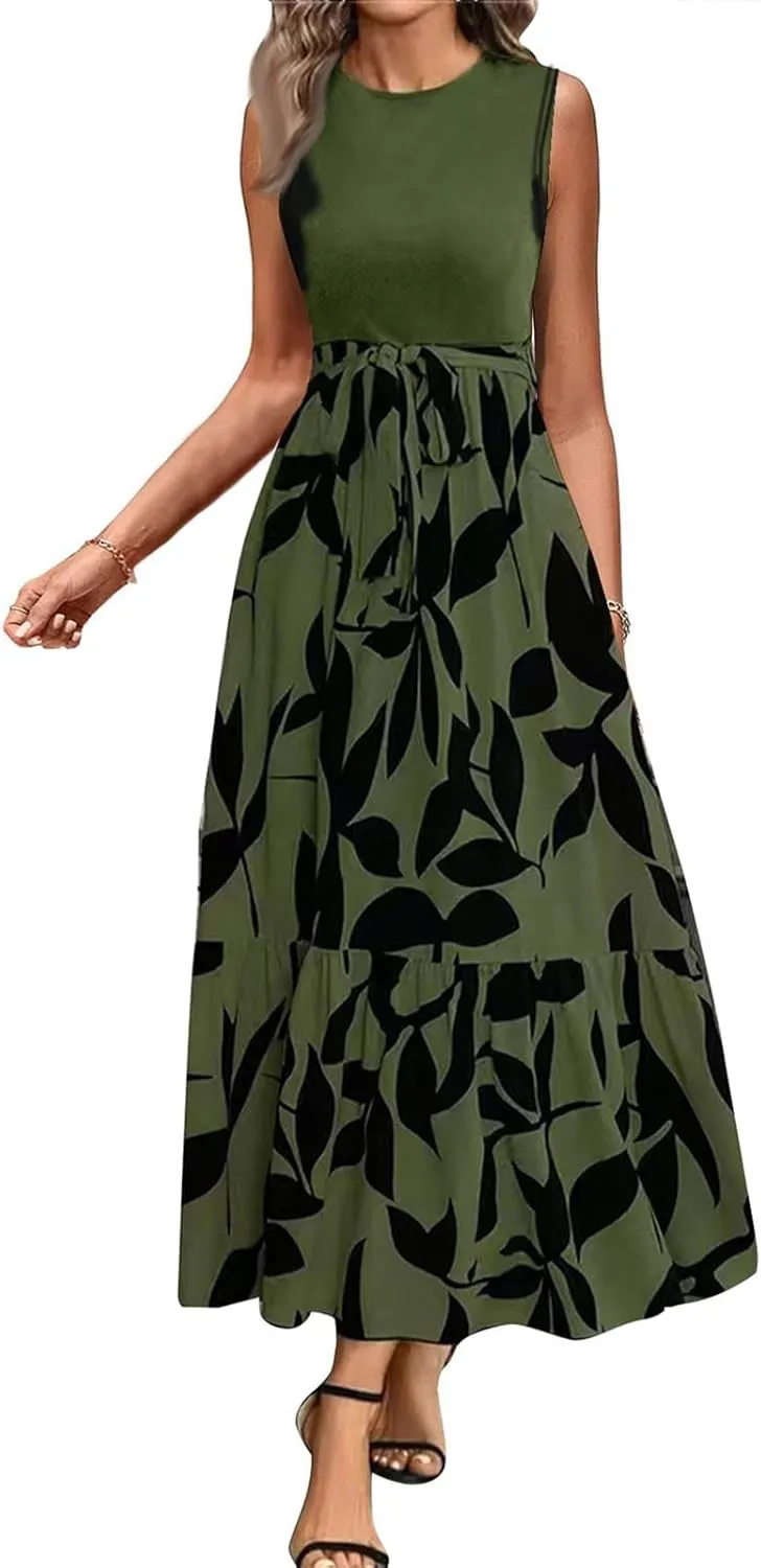 Floral Dress for Women Wedding Guest Summer Sleeveless Swiss Dot Maxi Wrap Dresses Tie Waist Flowy Boho A Line Dress