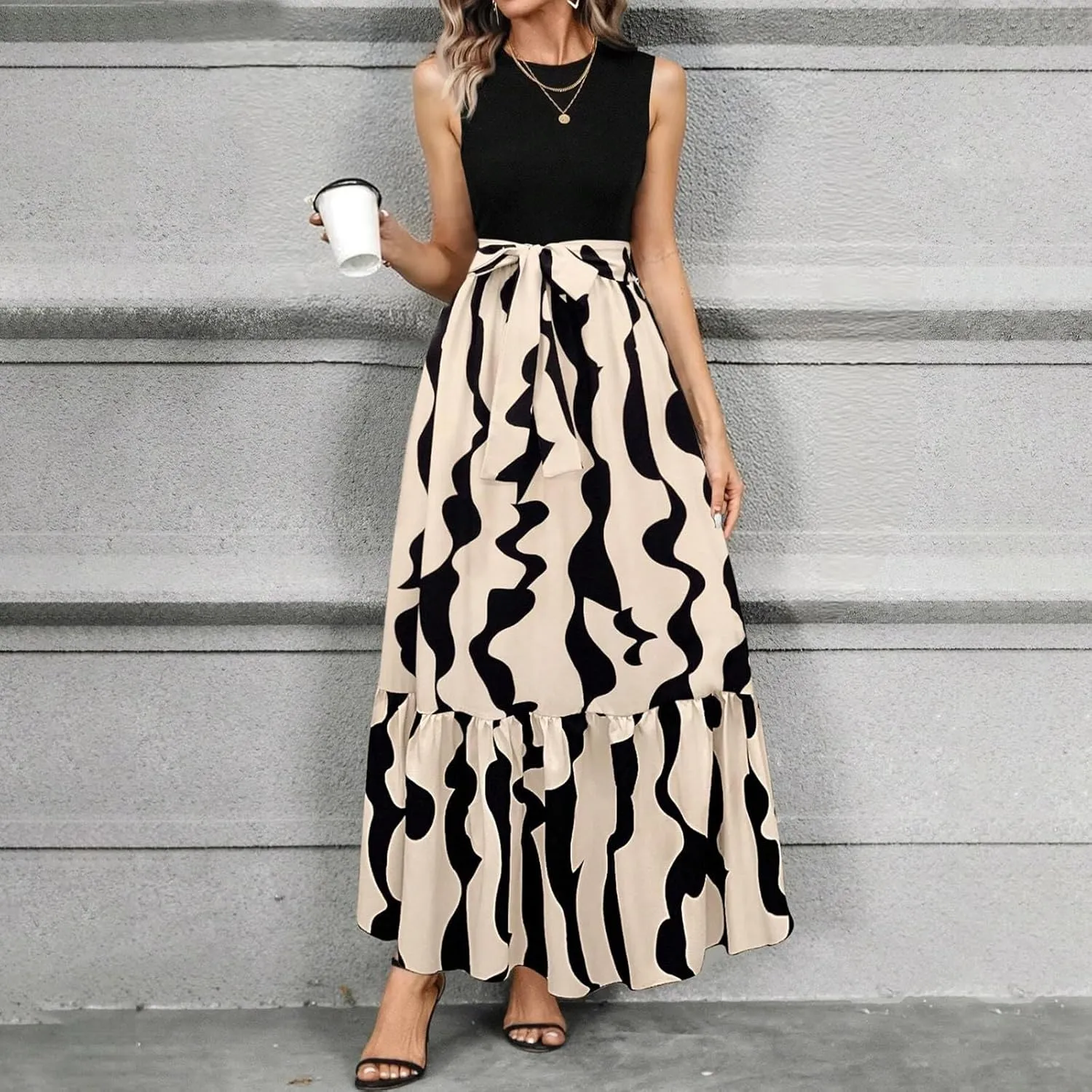 Floral Dress for Women Wedding Guest Summer Sleeveless Swiss Dot Maxi Wrap Dresses Tie Waist Flowy Boho A Line Dress