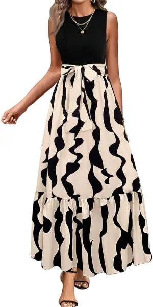 Floral Dress for Women Wedding Guest Summer Sleeveless Swiss Dot Maxi Wrap Dresses Tie Waist Flowy Boho A Line Dress