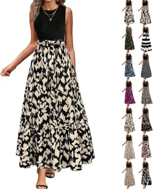 Floral Dress for Women Wedding Guest Summer Sleeveless Swiss Dot Maxi Wrap Dresses Tie Waist Flowy Boho A Line Dress