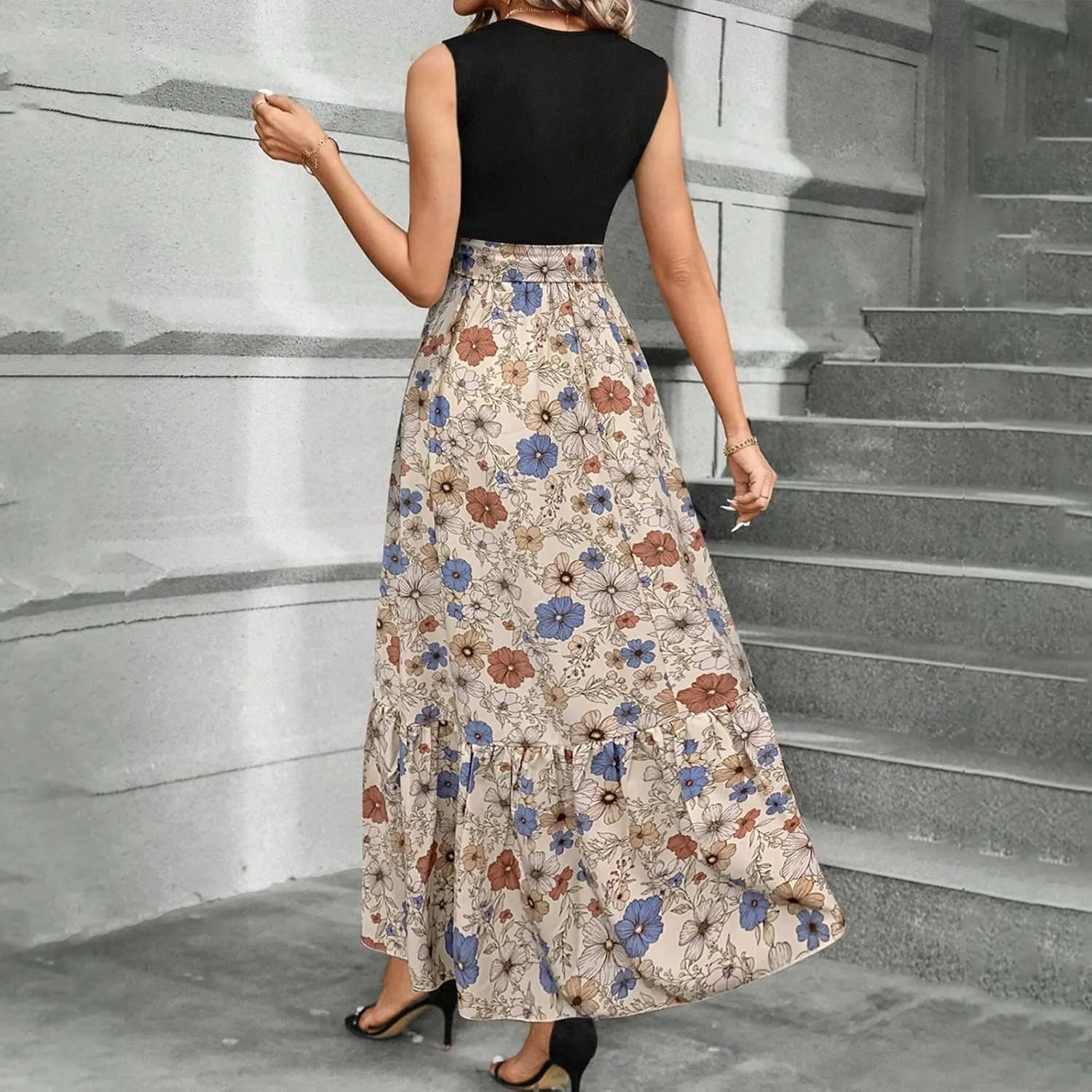 Floral Dress for Women Wedding Guest Summer Sleeveless Swiss Dot Maxi Wrap Dresses Tie Waist Flowy Boho A Line Dress