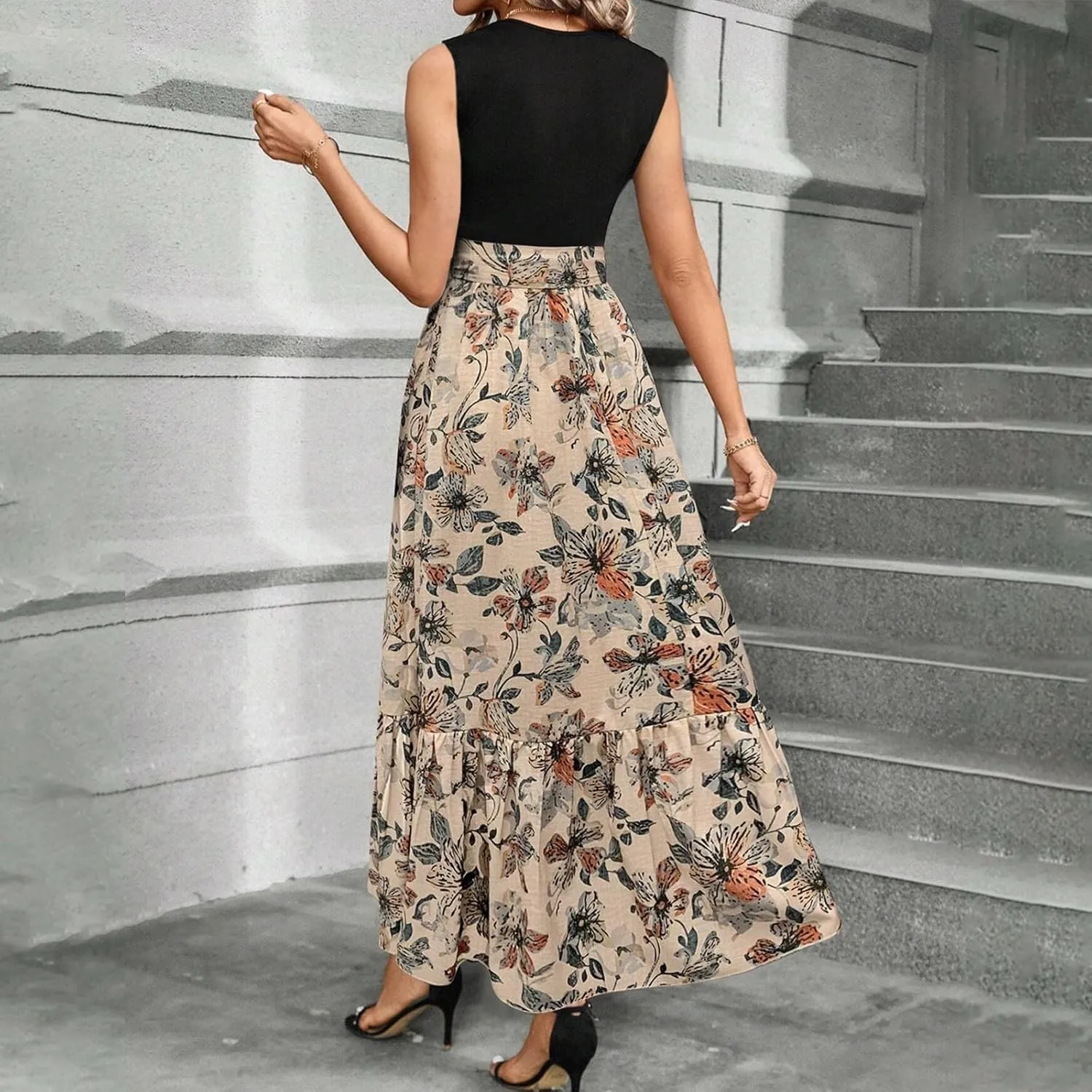 Floral Dress for Women Wedding Guest Summer Sleeveless Swiss Dot Maxi Wrap Dresses Tie Waist Flowy Boho A Line Dress