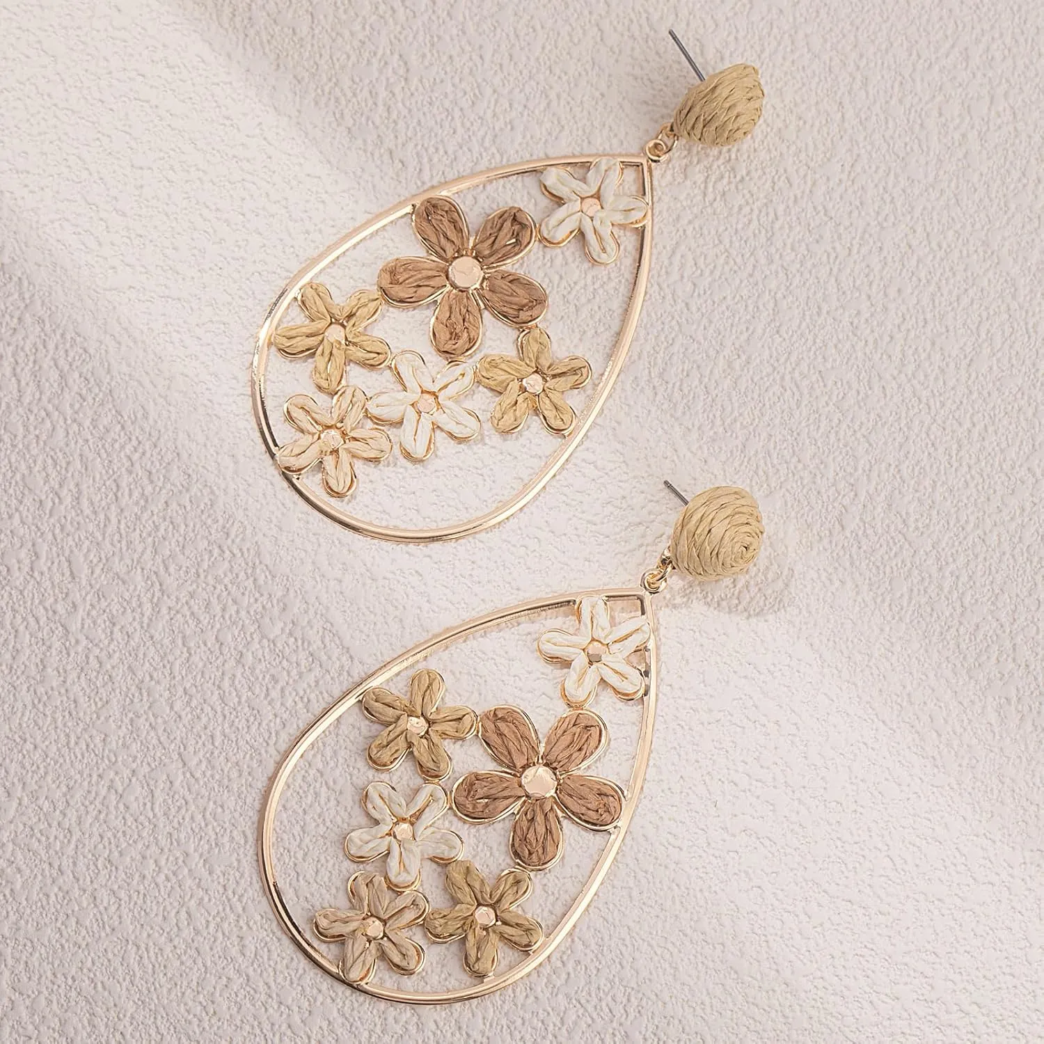 Flower Teardrop Earrings Boho Raffia Earrings Cute Floral Dangle Earrings Trendy Statement Jewelry for Women