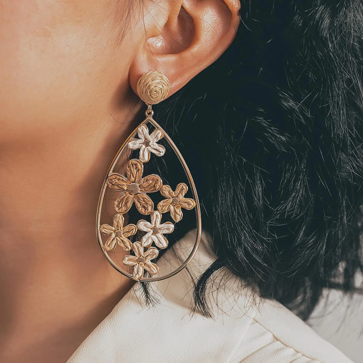 Flower Teardrop Earrings Boho Raffia Earrings Cute Floral Dangle Earrings Trendy Statement Jewelry for Women