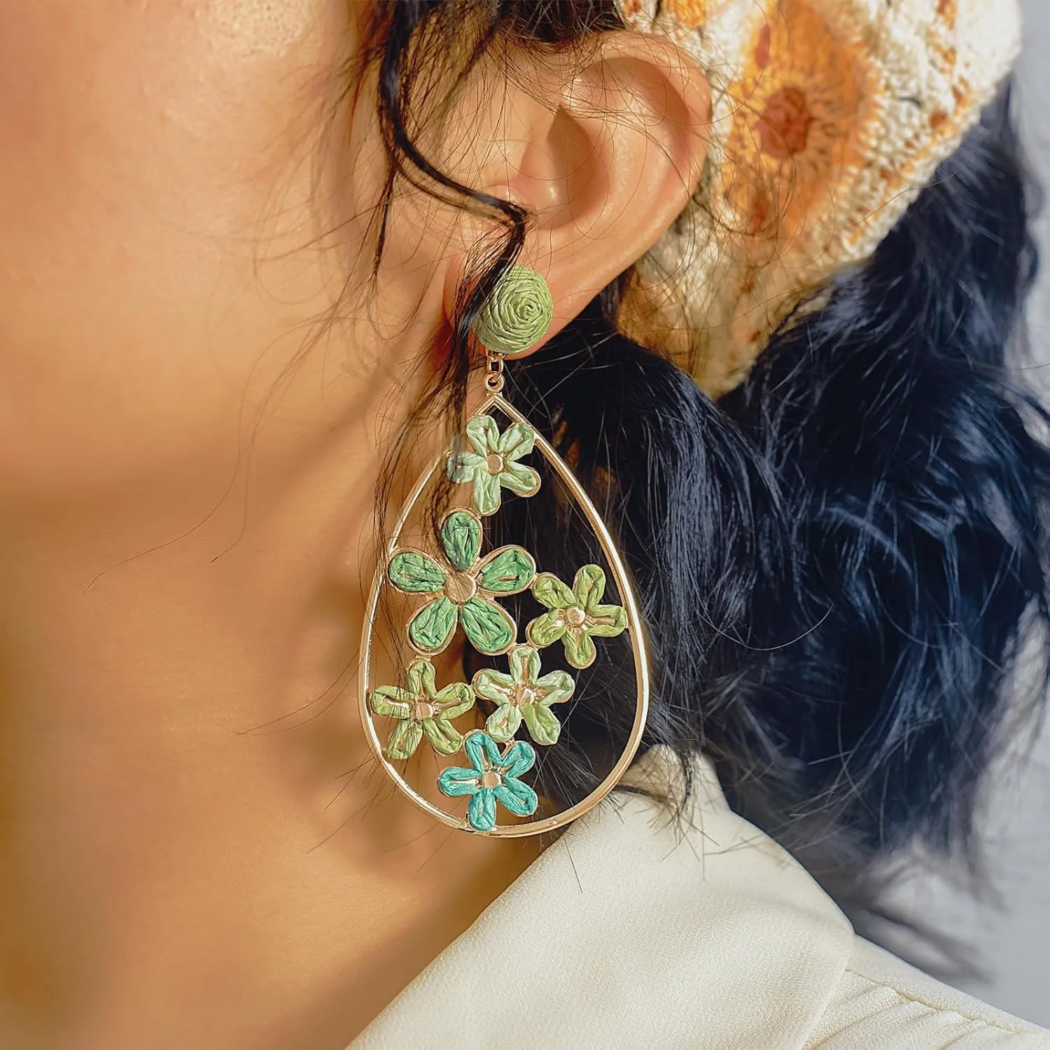 Flower Teardrop Earrings Boho Raffia Earrings Cute Floral Dangle Earrings Trendy Statement Jewelry for Women