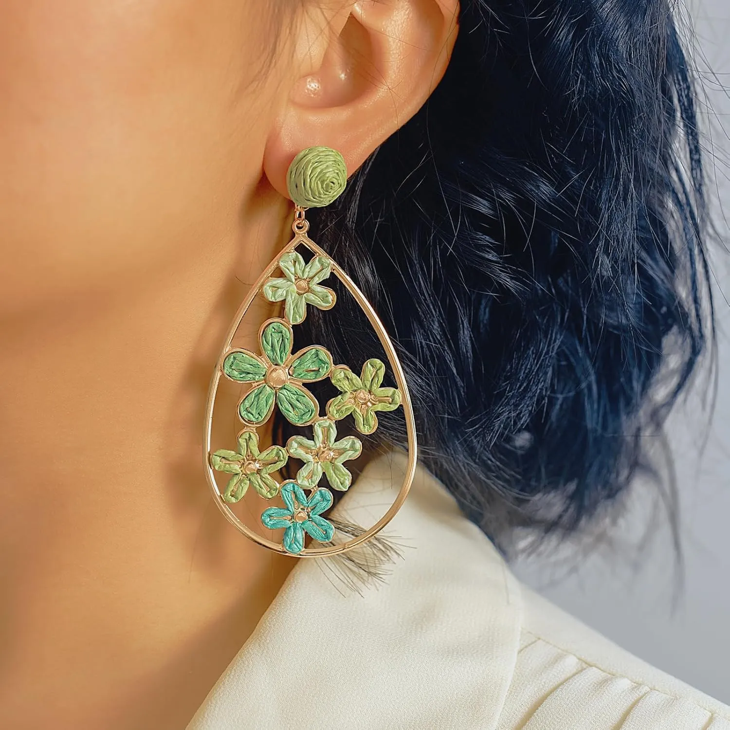 Flower Teardrop Earrings Boho Raffia Earrings Cute Floral Dangle Earrings Trendy Statement Jewelry for Women