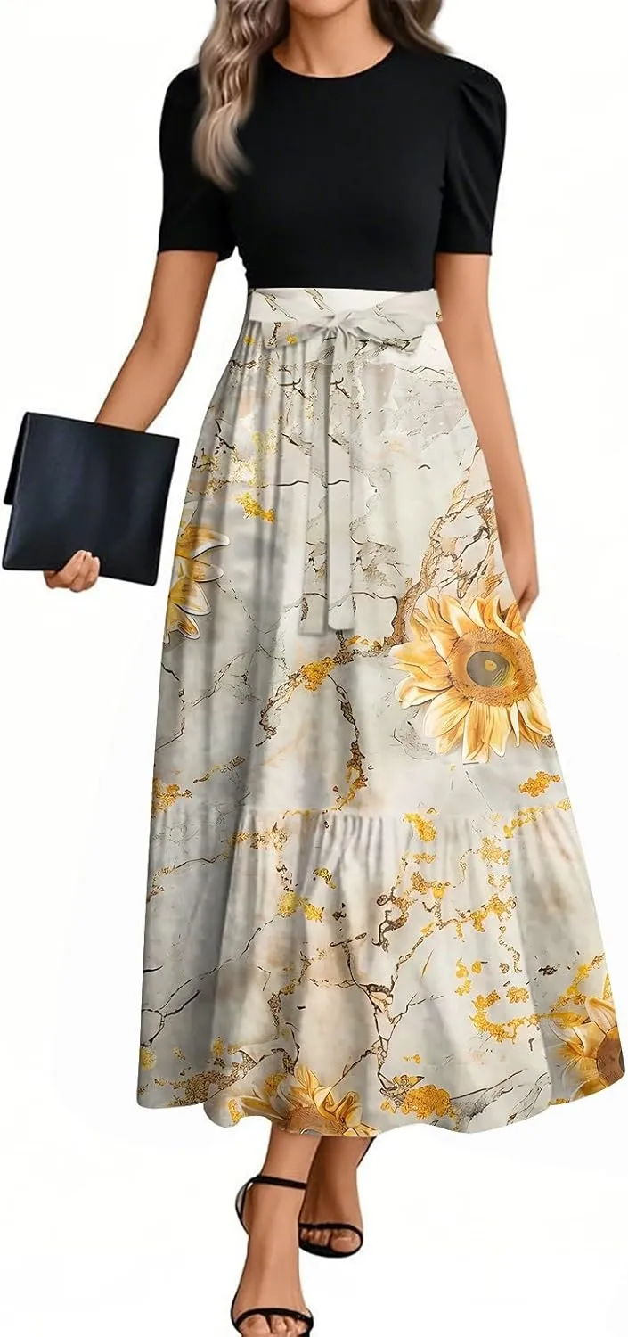 Flowy Bohemian Patchwork Beach Dress 2025 Elegant Floral Print Maxi Dress with Ruffle Hem