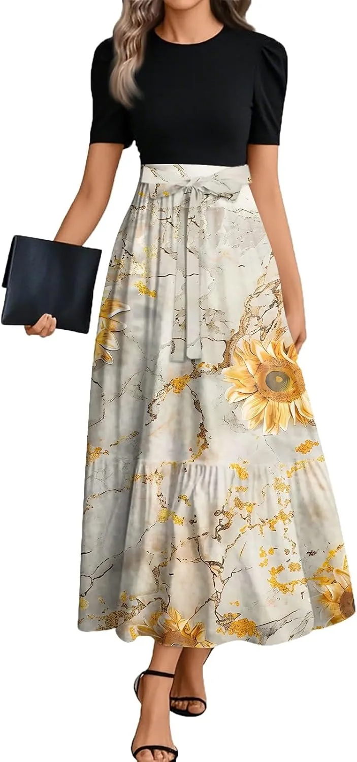 Flowy Bohemian Patchwork Beach Dress 2025 Elegant Floral Print Maxi Dress with Ruffle Hem