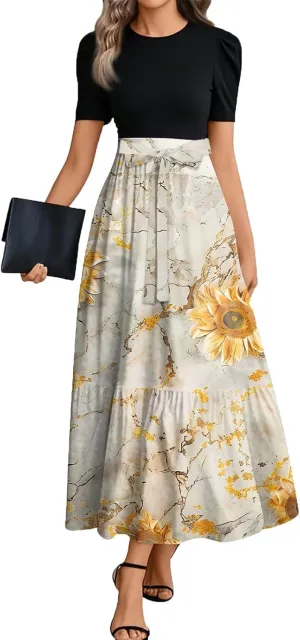 Flowy Bohemian Patchwork Beach Dress 2025 Elegant Floral Print Maxi Dress with Ruffle Hem