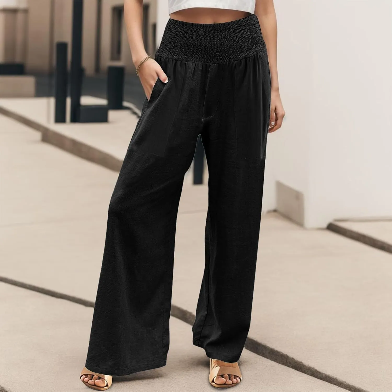 Flowy Linen Pants Summer Wide Leg Pants Drawstring Elastic Waist Pants High Waisted Pants Casual Beach Trousers Boho