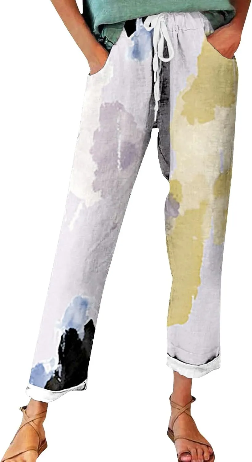 Flowy Linen Pants Summer Wide Leg Pants Drawstring Elastic Waist Pants High Waisted Pants Casual Beach Trousers Boho