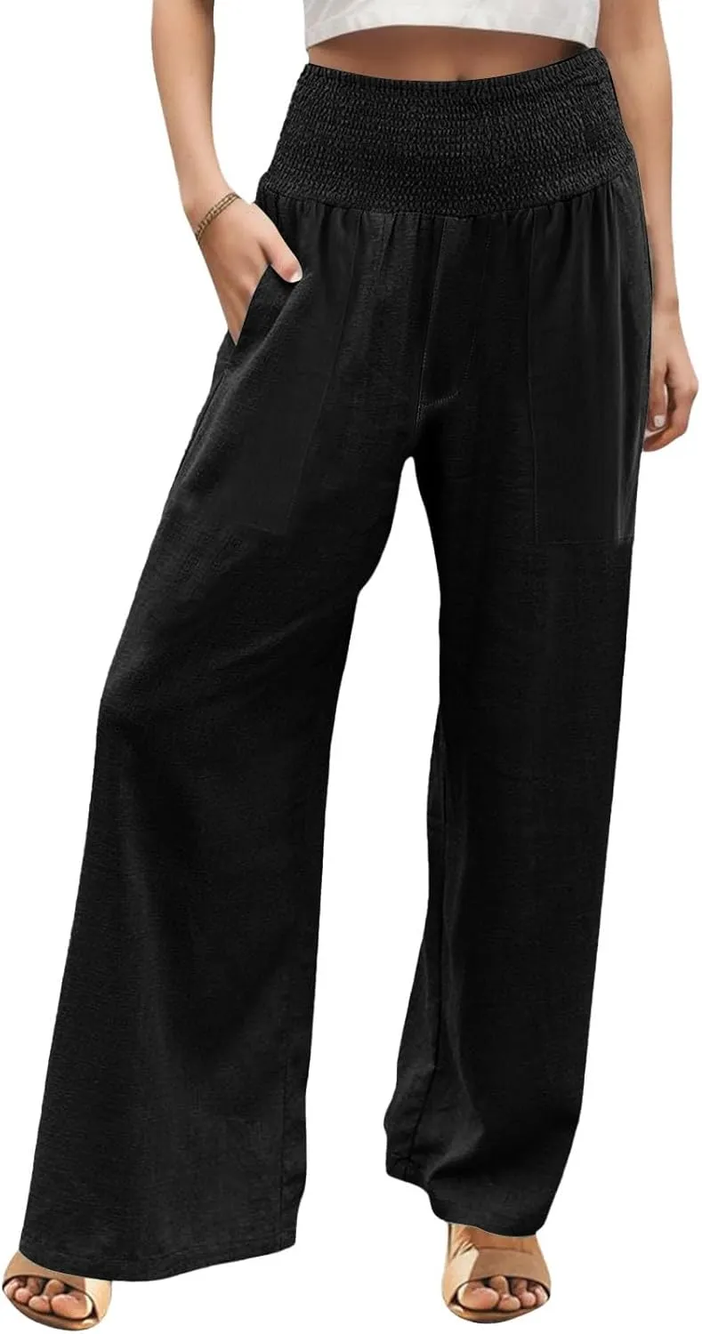 Flowy Linen Pants Summer Wide Leg Pants Drawstring Elastic Waist Pants High Waisted Pants Casual Beach Trousers Boho