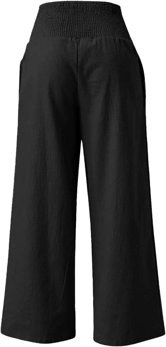 Flowy Linen Pants Summer Wide Leg Pants Drawstring Elastic Waist Pants High Waisted Pants Casual Beach Trousers Boho