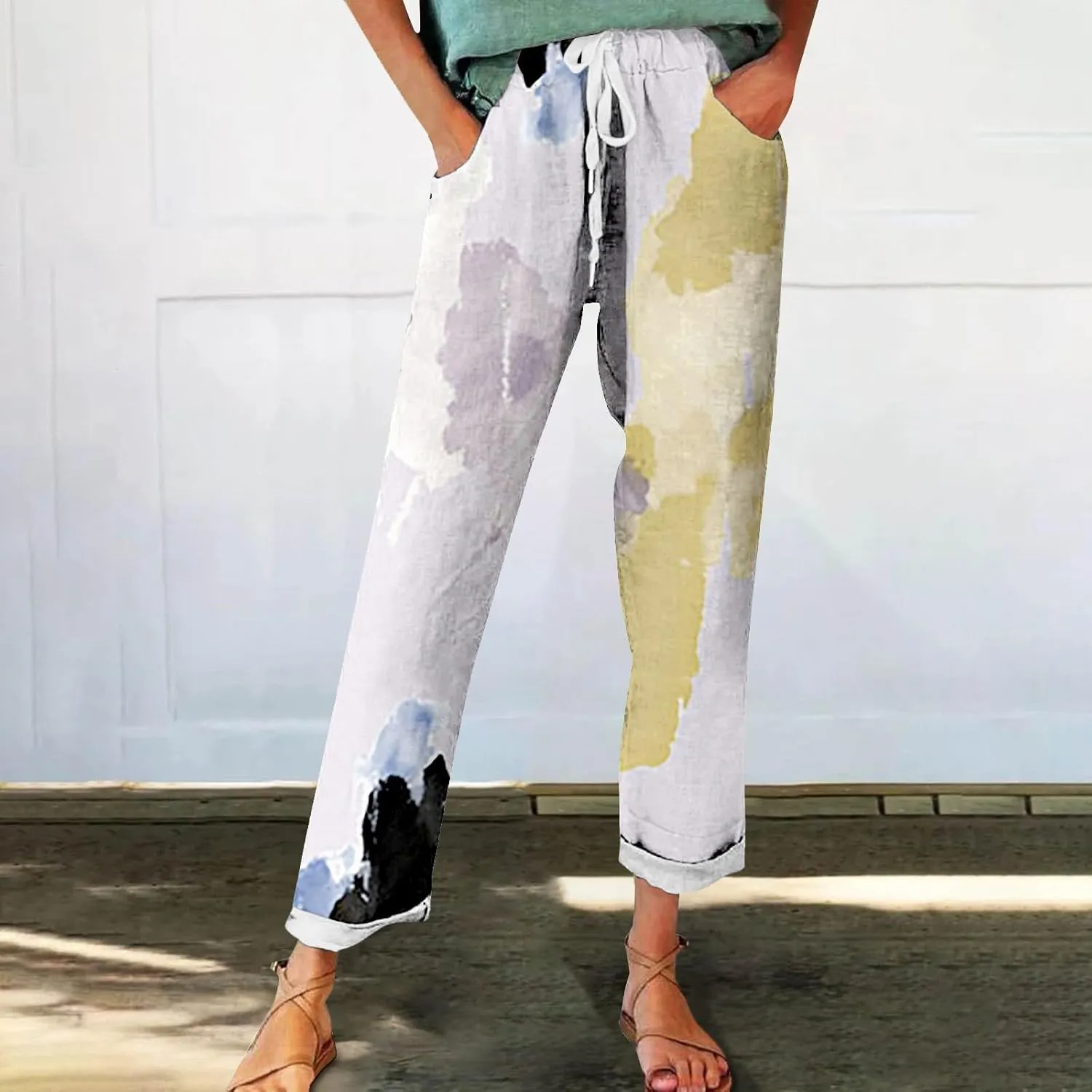 Flowy Linen Pants Summer Wide Leg Pants Drawstring Elastic Waist Pants High Waisted Pants Casual Beach Trousers Boho