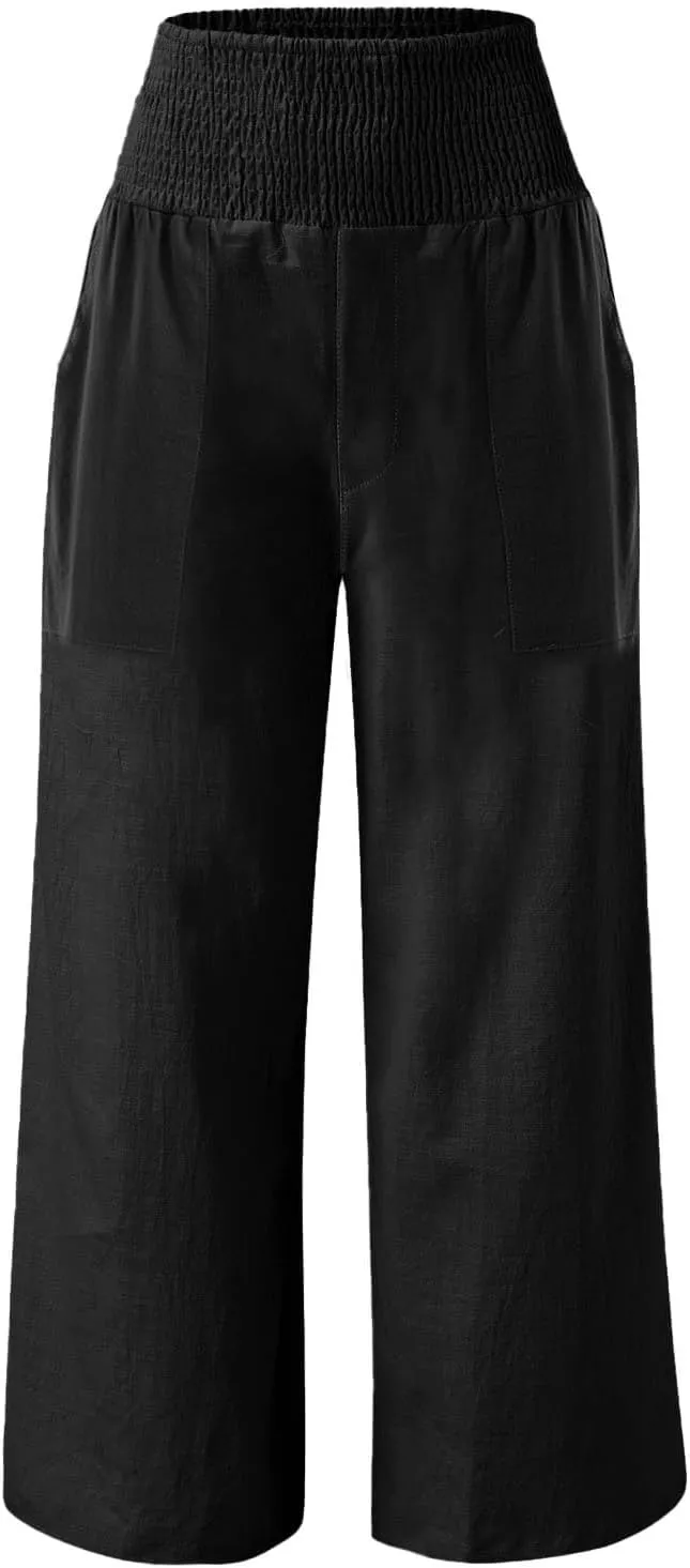 Flowy Linen Pants Summer Wide Leg Pants Drawstring Elastic Waist Pants High Waisted Pants Casual Beach Trousers Boho