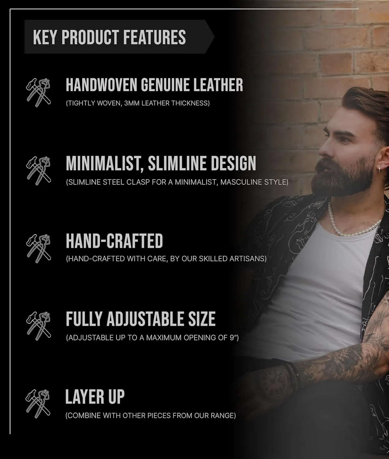Forge & Foundry Men's Adjustable Black Braided Leather Bracelet | Drapers | Matte Black Stainless Steel Slider | Refined Hand-Crafted Jewelry, Designed by Jewelers, Forged for Men