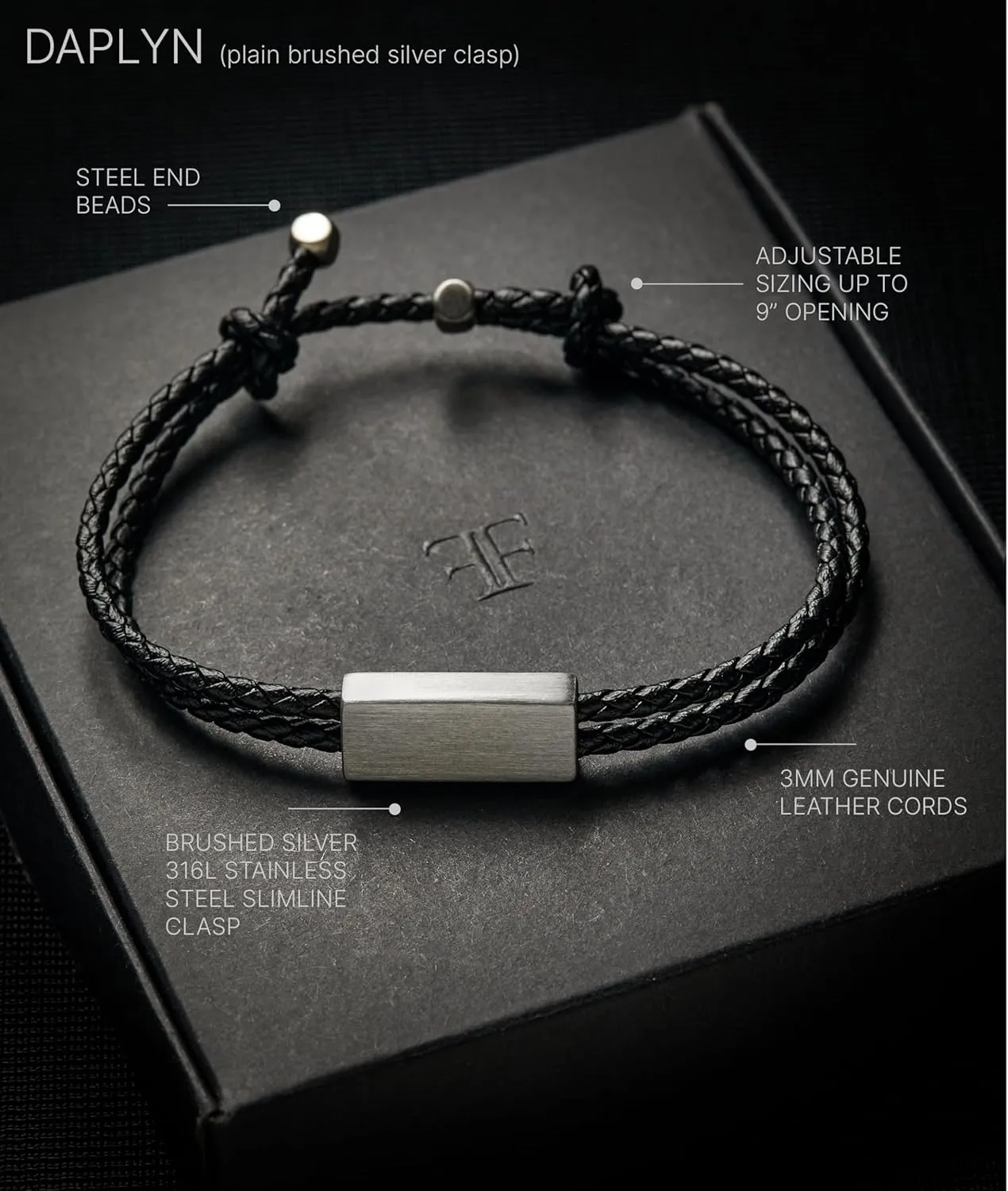 Forge & Foundry Men's Adjustable Black Braided Leather Bracelet | Drapers | Matte Black Stainless Steel Slider | Refined Hand-Crafted Jewelry, Designed by Jewelers, Forged for Men