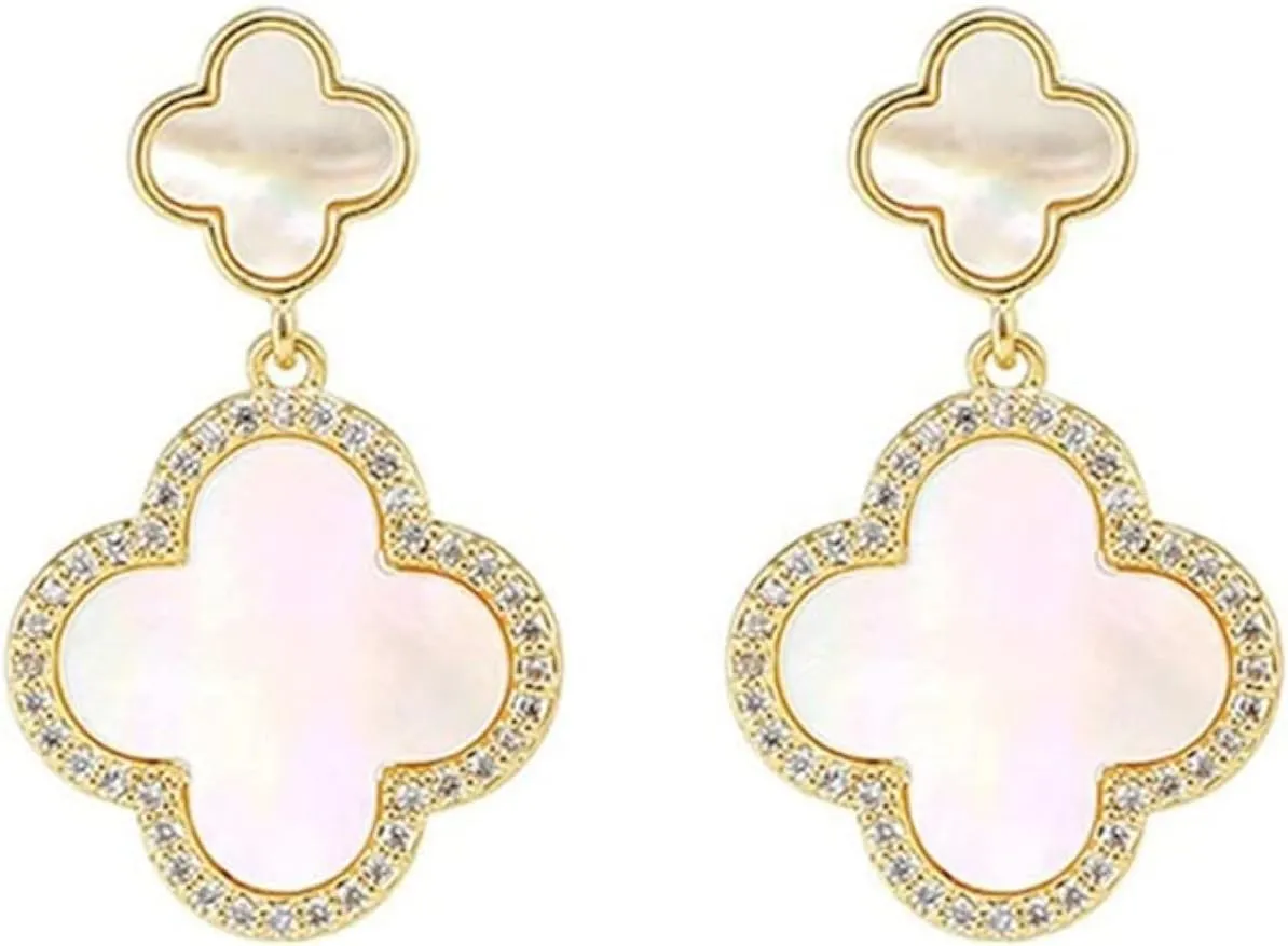 Four Leaf Clover Earrings Silver Needle Clover Earrings Full of Diamond Zircon Anti-Allergy Jewelry Earrings Large for Women or Girls
