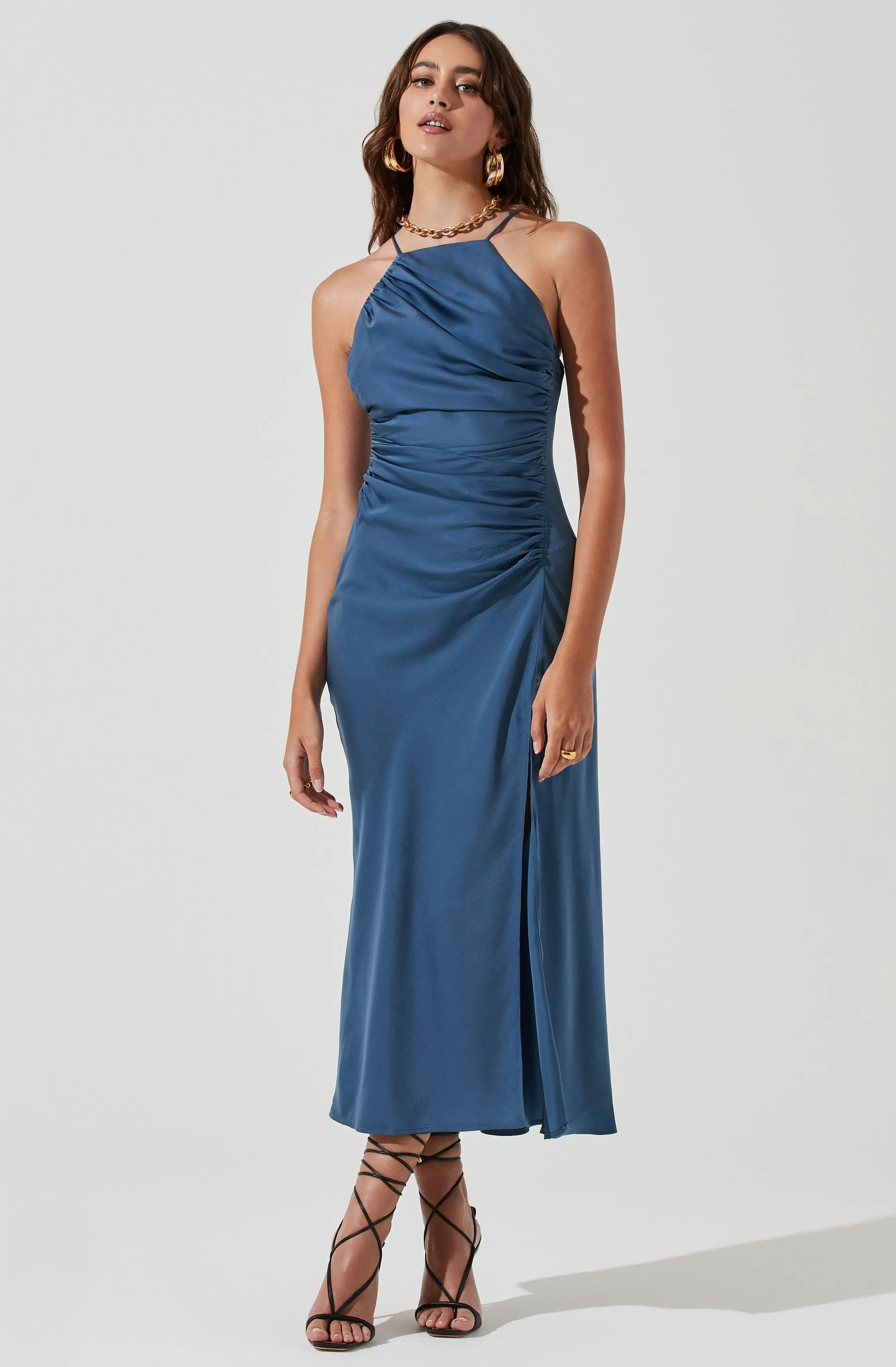 Front Slit Halter Satin Midi Dress